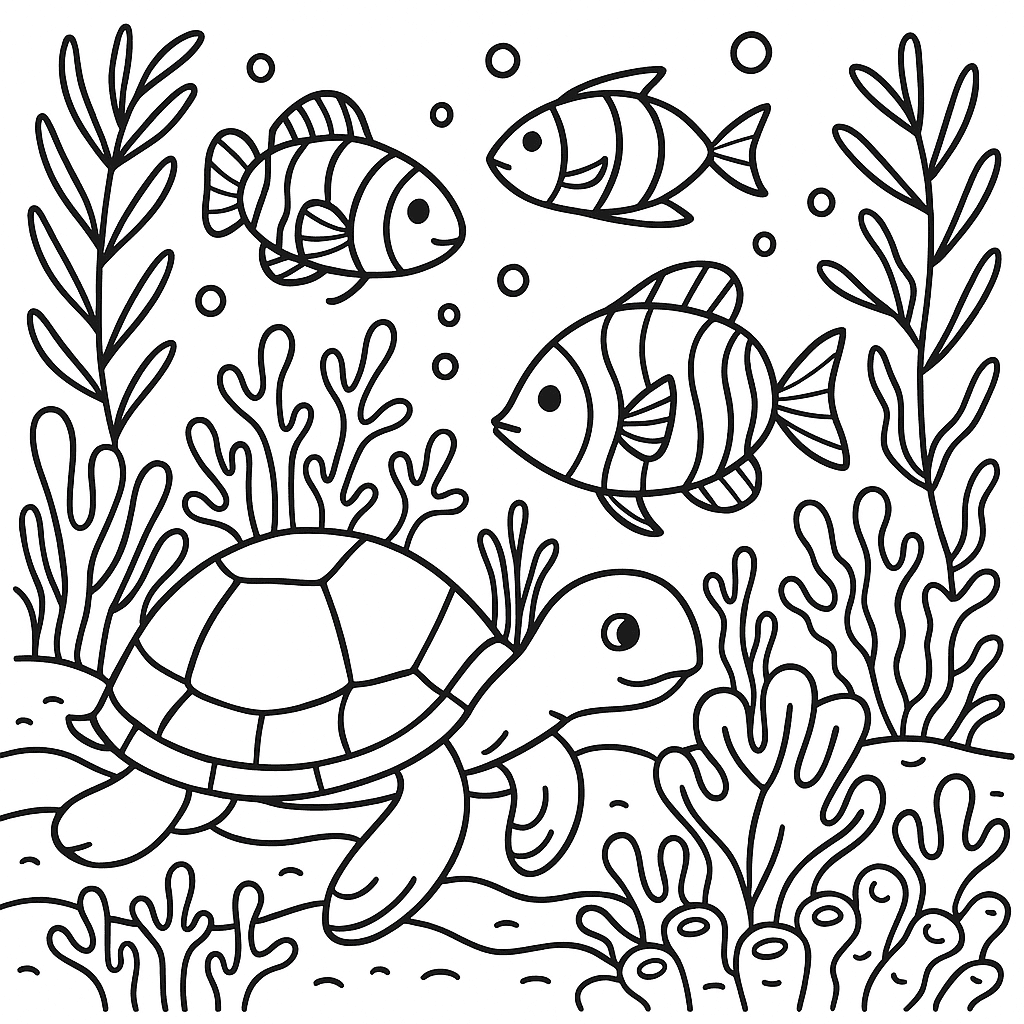 dibuix fons mari amb tortuga i peix per pintar