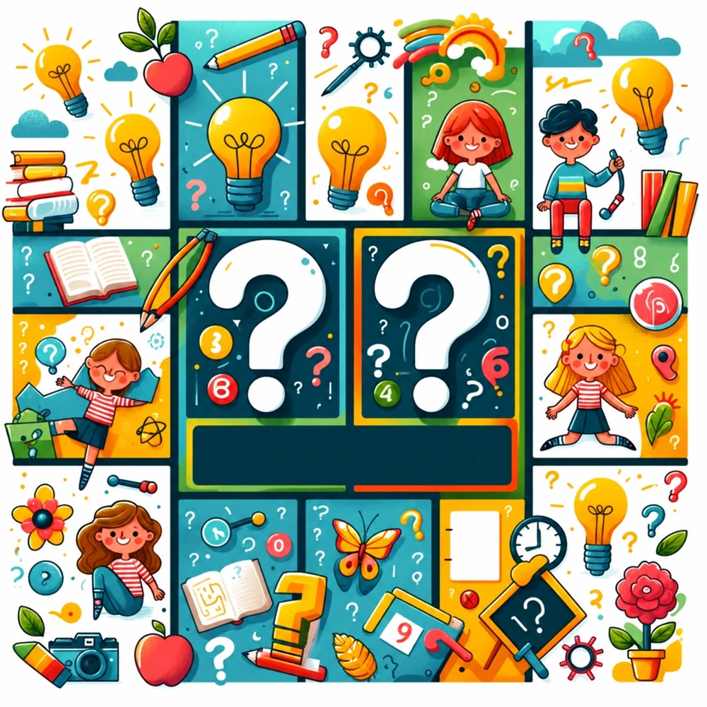 Adivinanzas para niños con interrogantes, libros y niños pensando