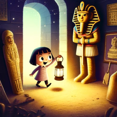 Una niña con una linterna explora una sala de un museo de noche