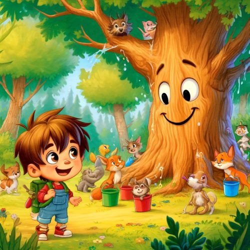A boy and woodland animals carry water to a large oak tree