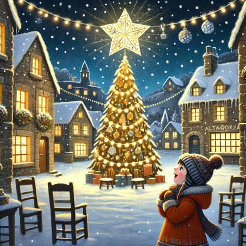 A child looking at an illuminated Christmas tree in a snowy village square
