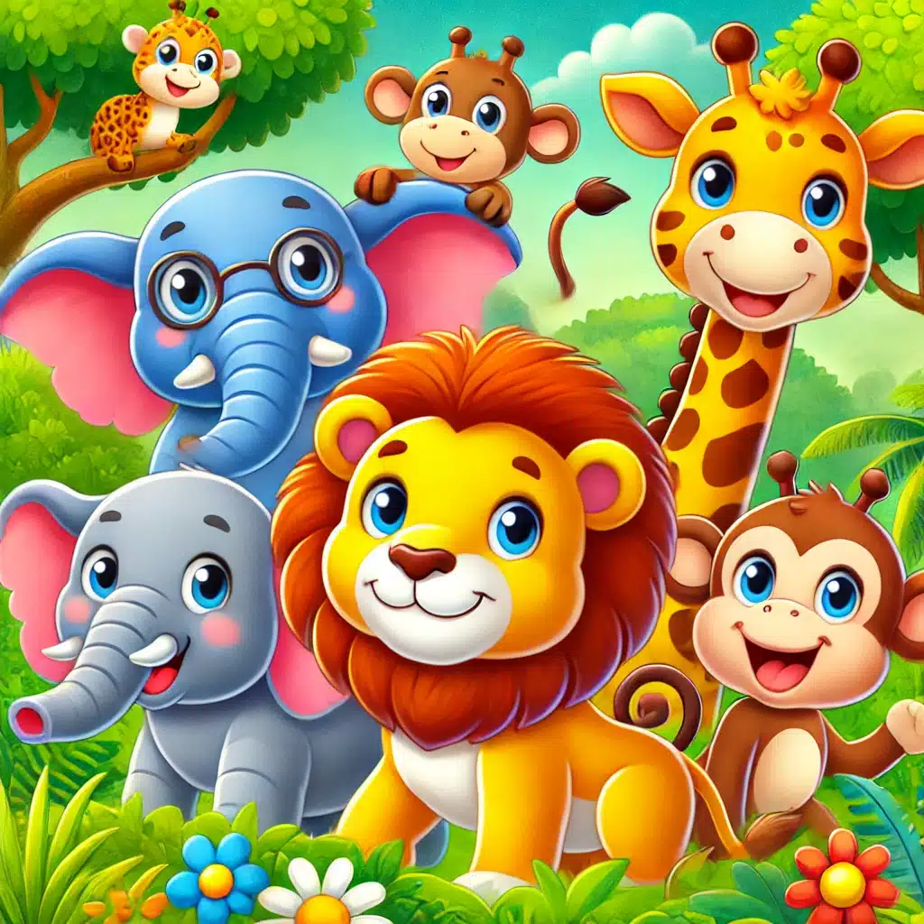Elefantes, un león, una jirafa y monos para la colección de dibujos de animales para colorear