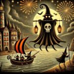 Un Barco De Velas Oscuras Navega Junto A Una Figura Fantasmal Y Un Castillo