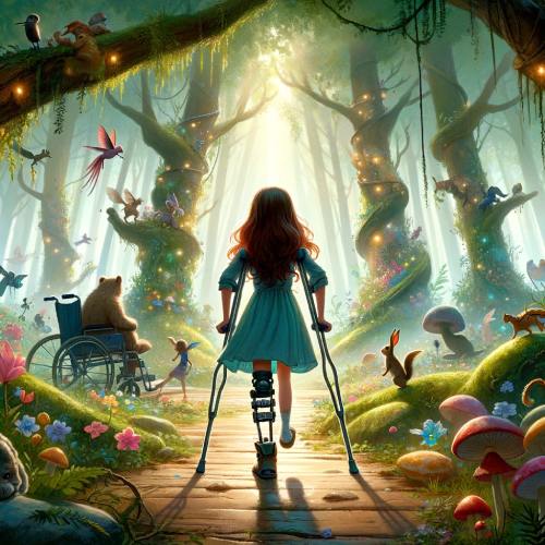 Emma avanza con muletas entre criaturas de un bosque mágico
