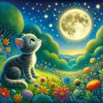 Un Gatito Gris Mira La Luna Llena En Un Jardín De Flores Bajo Las Estrellas