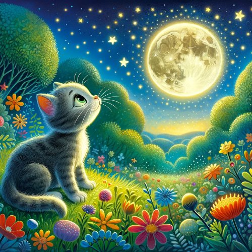 Un gatito gris mira la luna llena en un jardín de flores bajo las estrellas