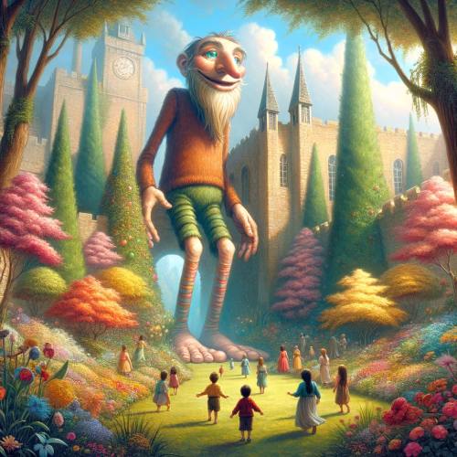 El gigante Bernat en su jardín con los niños del pueblo