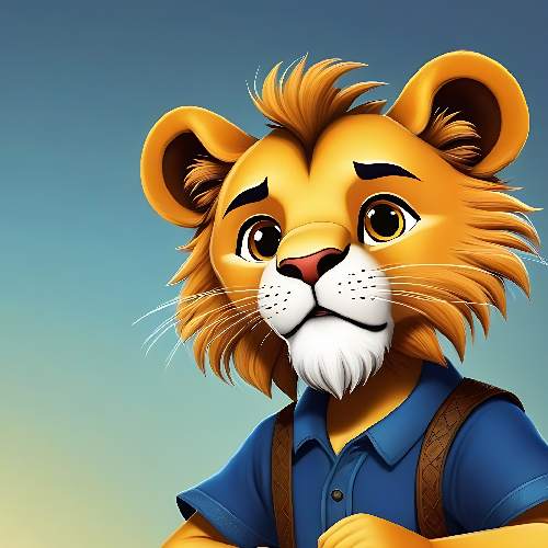 Un león sonriente con ropa de maestro representa al león sabio