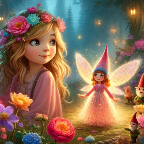A girl and a fairy approach a dragon guarding a glowing stone