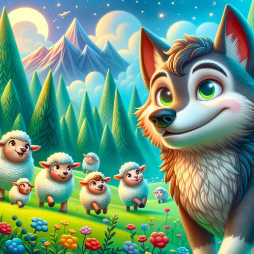 Ferran the wolf beside a flock of sheep in a meadow