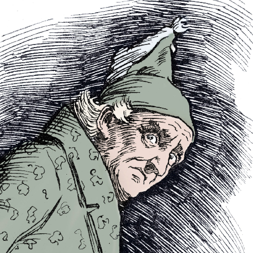 Illustration of an elderly man in a nightcap for the Christmas spirit story