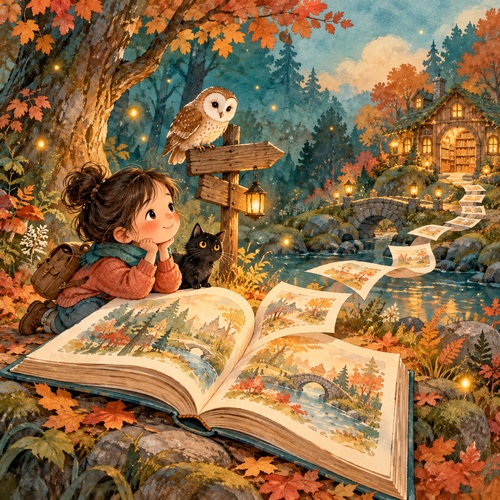 Infant que busca el camí de tornada als contes amb un llibre, un mussol i un gat