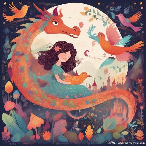 Joana with a dragon and colourful birds in a fantasy world