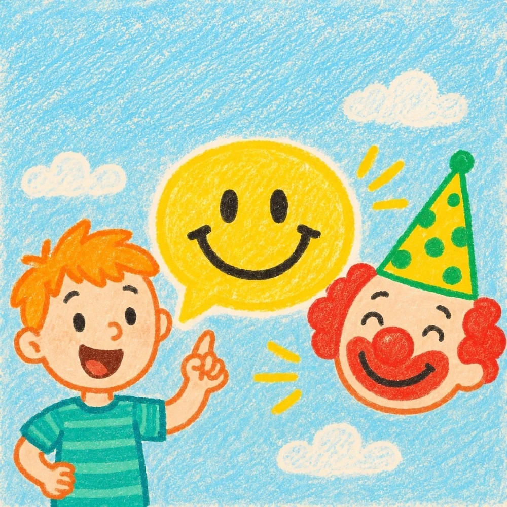 Jokes for kids with a laughing child, a cheerful clown and a smiling speech bubble
