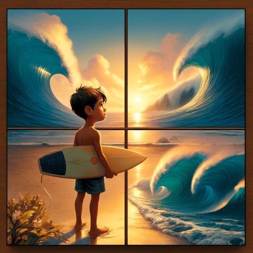 A child holding a surfboard watches the waves at sunrise