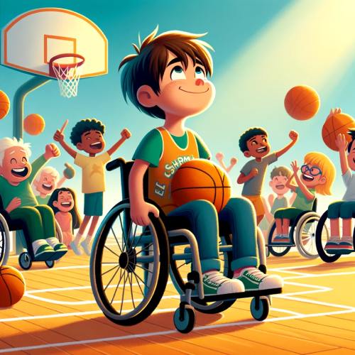 Pol juega un partido de baloncesto en silla de ruedas con su equipo