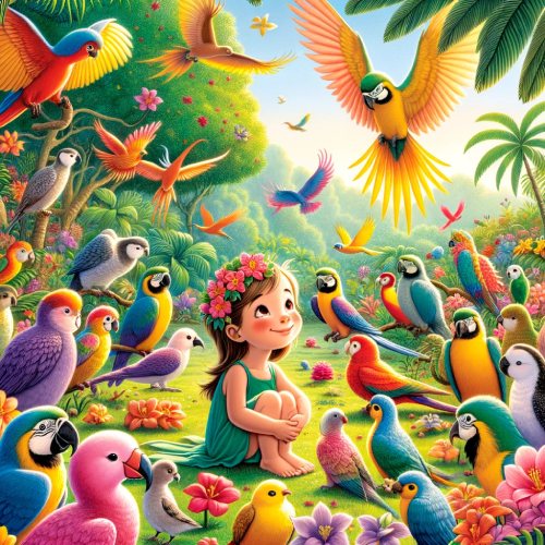 Una niña rodeada de pájaros de colores entre árboles y flores tropicales