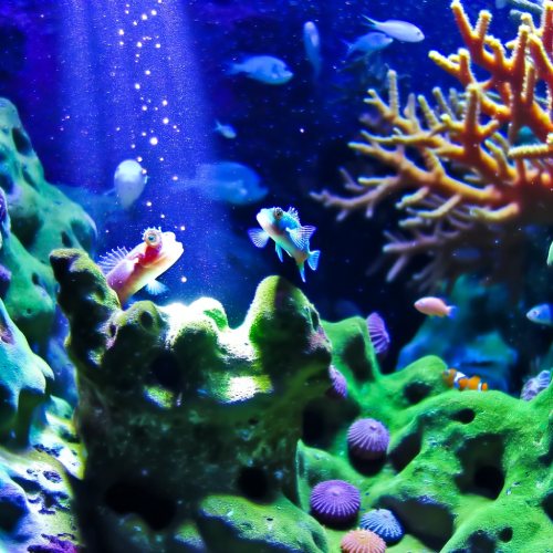 Peces de colores nadan entre corales en un fondo marino iluminado