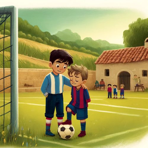 Dos niños con un balón se acompañan junto a una portería de fútbol
