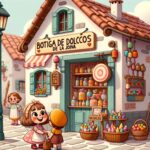 Una Niña Junto A Una Tienda De Dulces Decorada Con Pasteles Y Caramelos