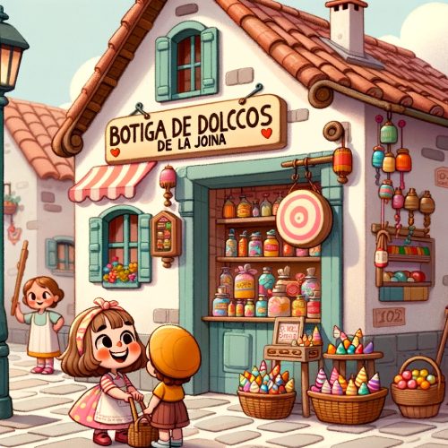 Una niña junto a una tienda de dulces decorada con pasteles y caramelos