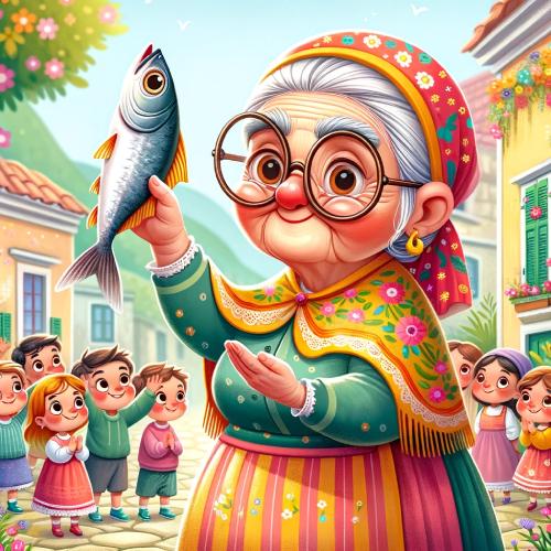 La Vieja Cuaresma sostiene un pescado rodeada de niños sonrientes