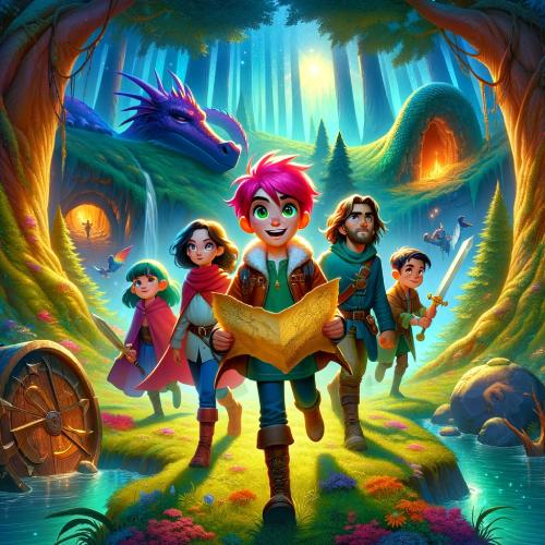 Un grupo de niños con un mapa explora un bosque junto a un dragón