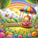 A Girl Plays On A Swing In A Flower Garden Beneath A Rainbow
