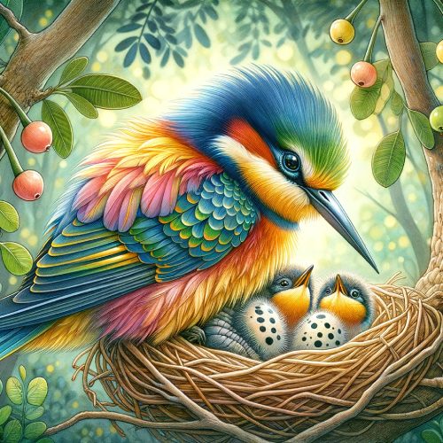 Colourful Lluc the bird beside a nest with chicks
