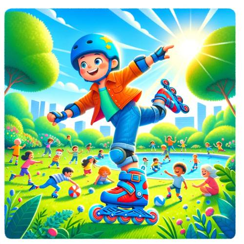 Un niño con casco aprende a patinar con unos patines de colores