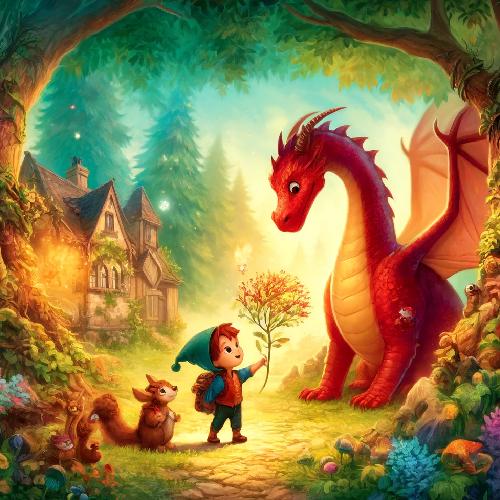 A boy and a squirrel meet a red dragon in a glowing forest
