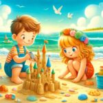 Two Siblings Build A Sandcastle On A Sunny Beach