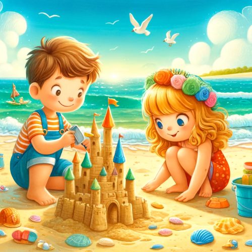 Dos hermanos construyen un castillo de arena en una playa soleada