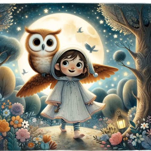 Noa beside an owl beneath the moon and stars