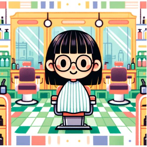 A dark-haired girl wearing glasses in a colourful hair salon