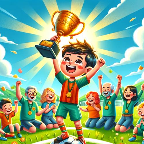 A boy lifts a golden trophy beside his teammates on a football pitch