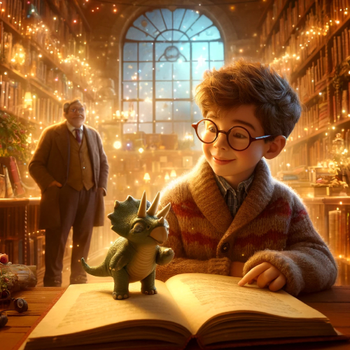 Un niño descubre un pequeño dinosaurio entre las estanterías de una biblioteca