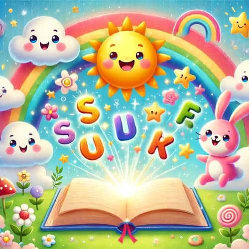 Rhyming couplets for kids with an open book, colourful letters, a rabbit and a rainbow