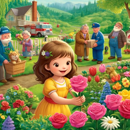 A girl tends colourful flowers in a garden with neighbours behind her