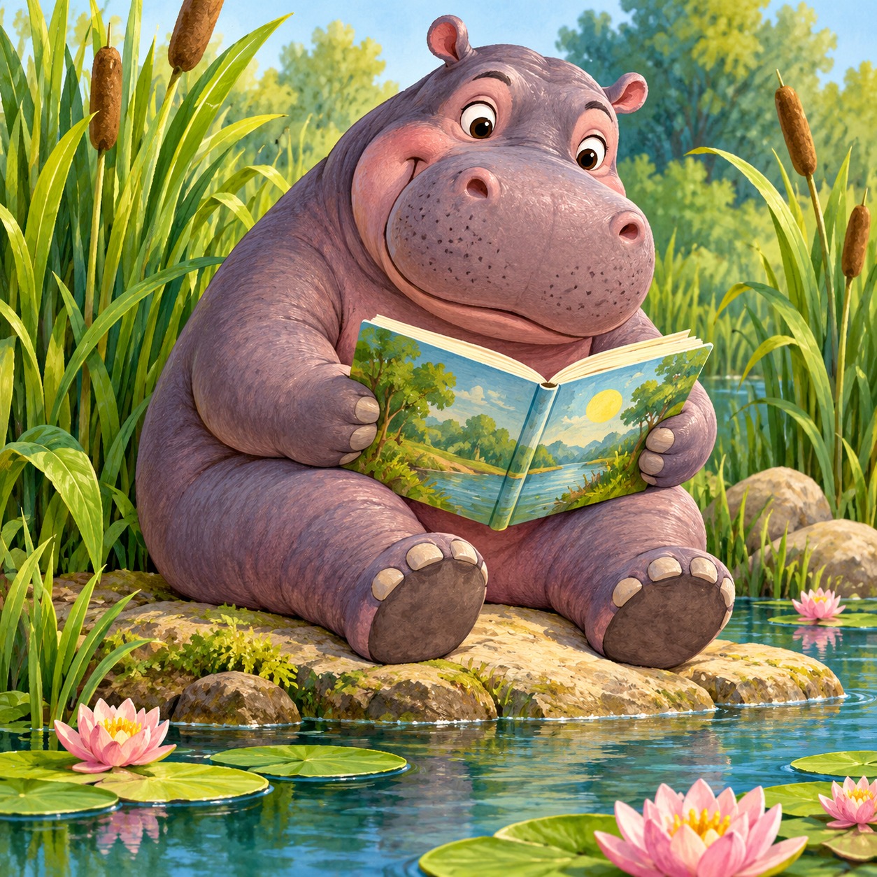 Hipofol the hippo reads a book beside the water