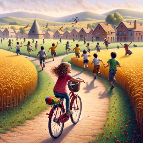 A girl rides a bicycle along a path towards a village full of children