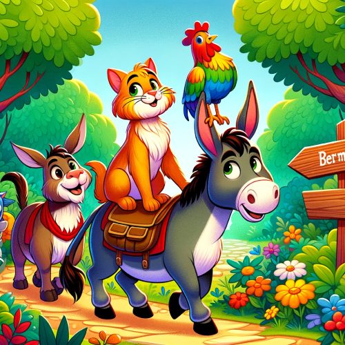 The donkey, dog, cat and rooster from the Bremen town musicians