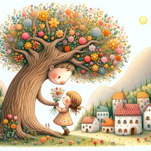 A girl offers flowers to a friendly character peering from a large tree