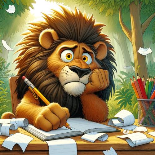 A lion holds a pencil and tries to write in a notebook
