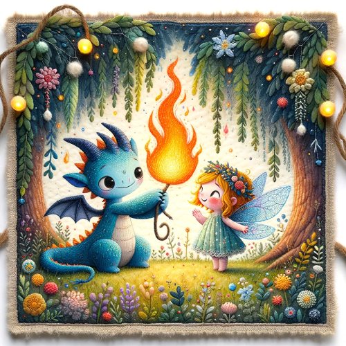 A little blue dragon and a fairy beside a flame in the forest
