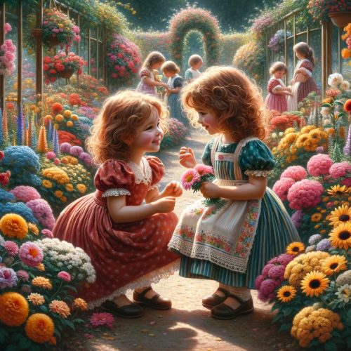Tanit and Isona among colourful flowers in the magical garden