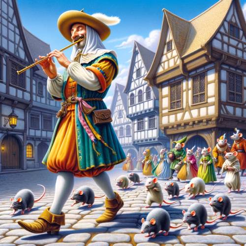 The pied piper of Hamelin plays his flute beside the town houses