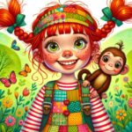 A Red-haired Girl With Plaits And A Monkey In A Colourful Landscape
