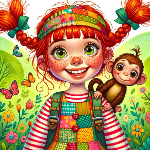A red-haired girl with plaits and a monkey in a colourful landscape