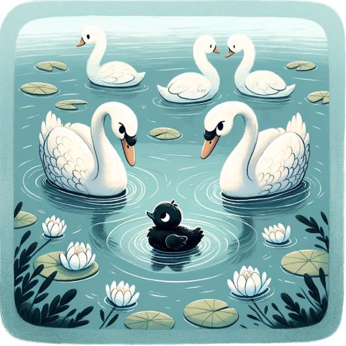 A small dark chick swims in a pond surrounded by white swans